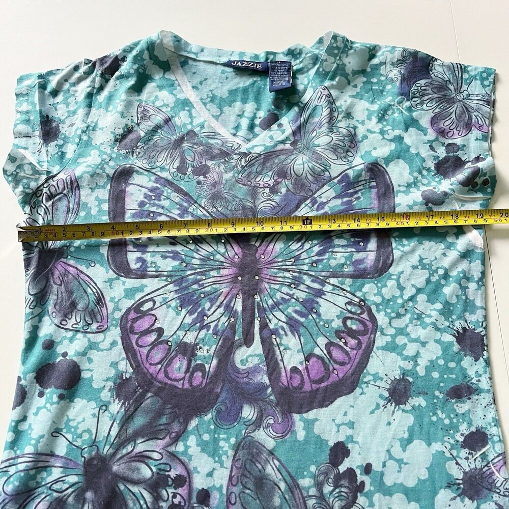 Y2K Sheer Butterfly Short Sleeve T-Shirt Womens Large V-Neck Burnout Colorful L - Picture 8 of 16